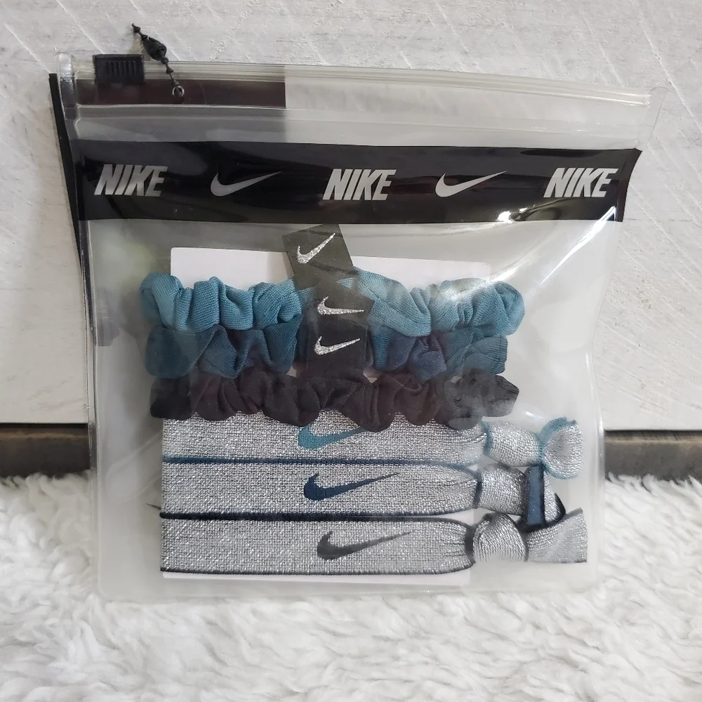Nike Swoosh Silver Black Teal Tourquise Hair Ties Ponytail Holders 6 Pack NWT